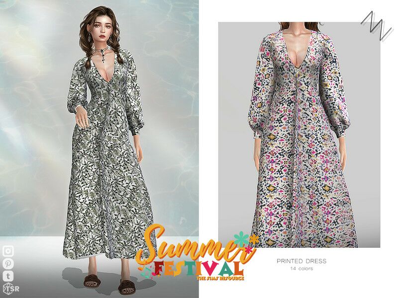 Printed Dress By Znsims Sims 4 CC