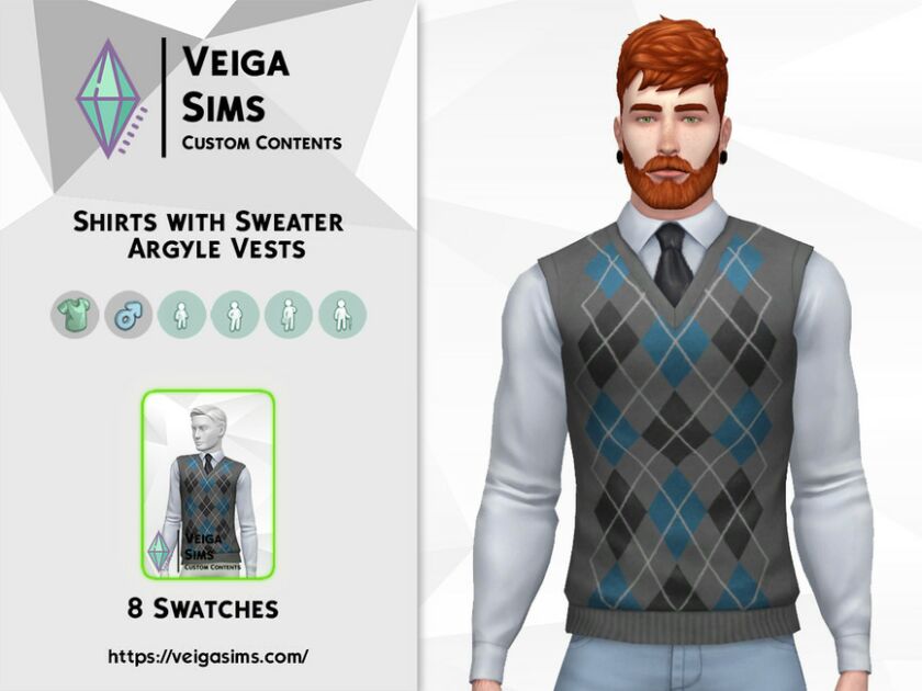 Shirts With Sweater Argyle Vests Sims 4 CC