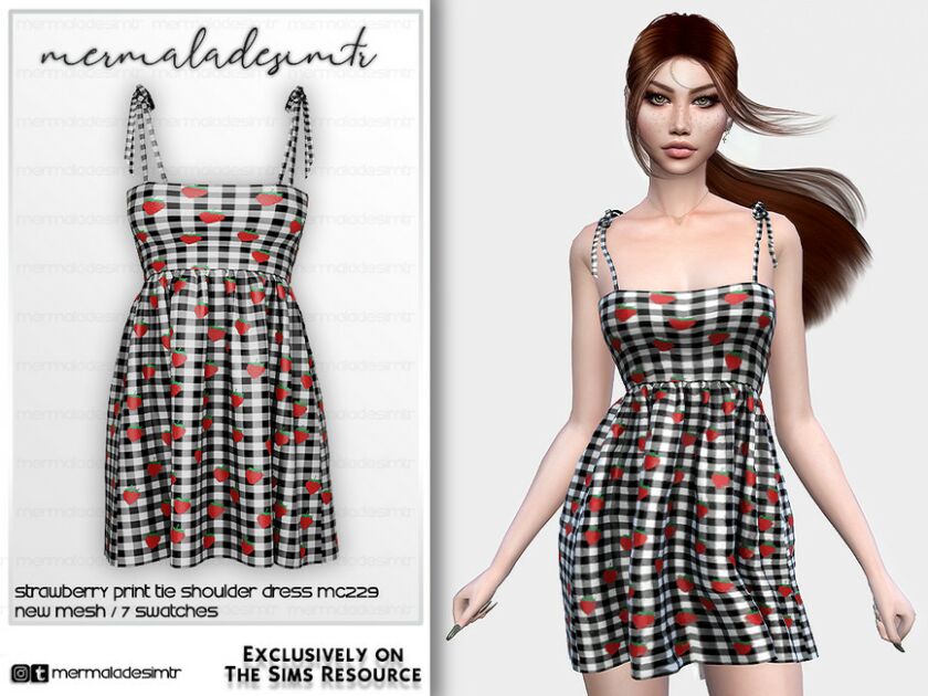 Strawberry Print TIE Shoulder Dress MC229 By Mermaladesimtr Sims 4 CC