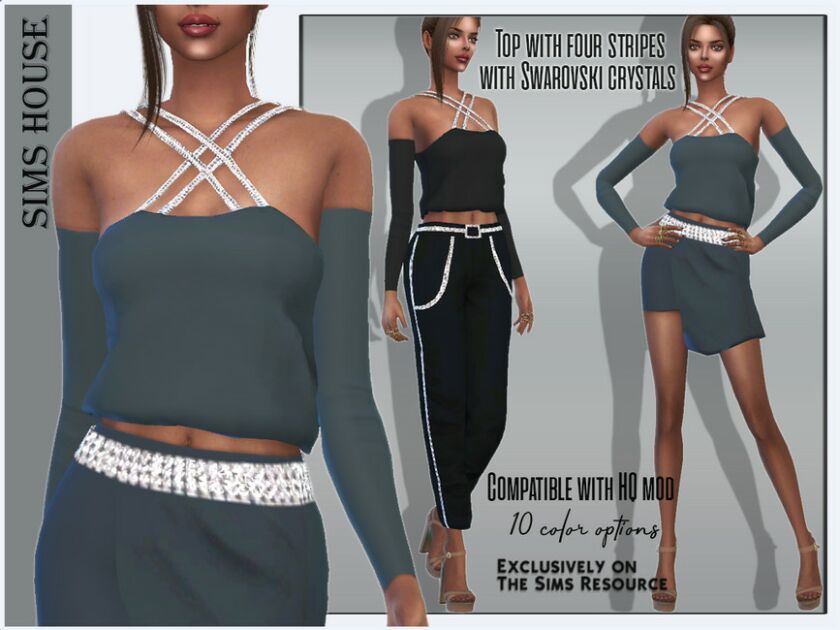 TOP With Four Stripes With Swarovski Crystals Sims 4 CC