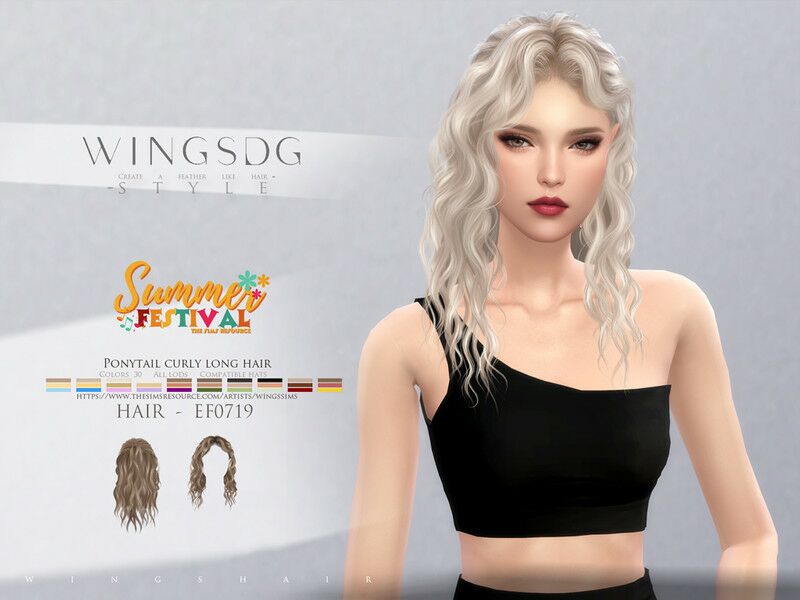 Wings-Ef0719-Ponytail Curly Long Hair Sims 4 CC