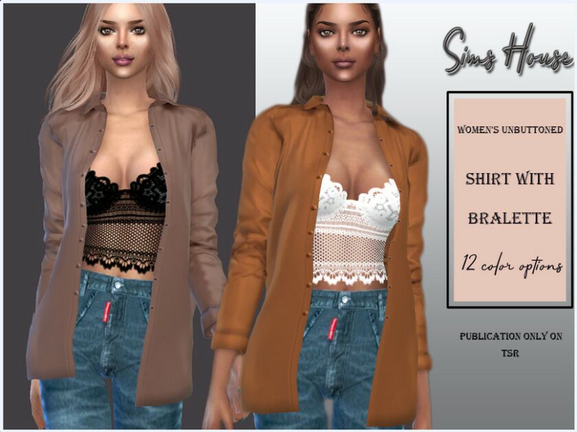 Women’s Unbuttoned Shirt With Bralette Sims 4 CC