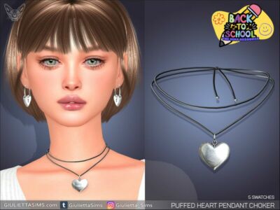 Cute Puffed Heart Pendant Choker for Back to School Sims 4 CC