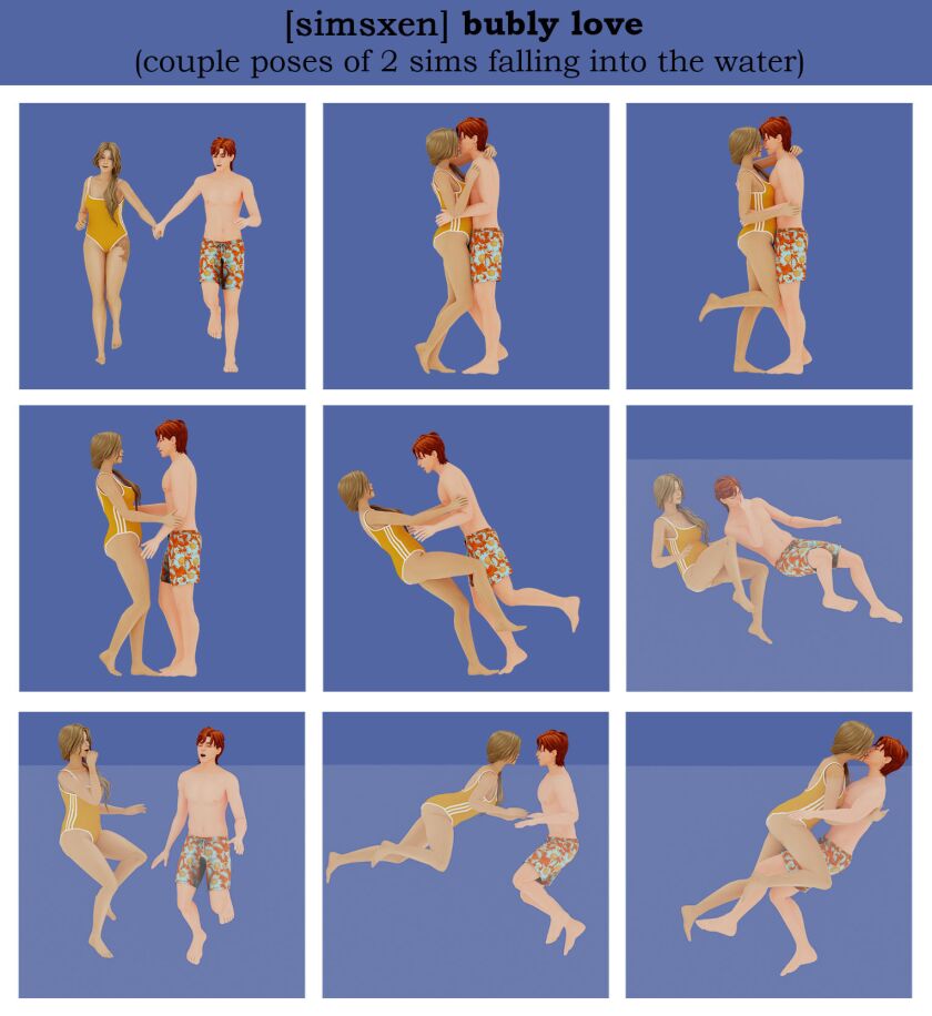 Bubbly Love – Couple Poses of 2 Sims Falling Into the Water Sims 4 CC