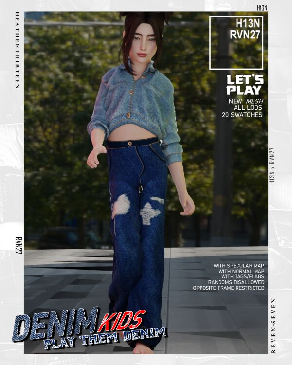 Classic Baggy Fit Ripped Denim Jeans for Kids Sims 4 CC