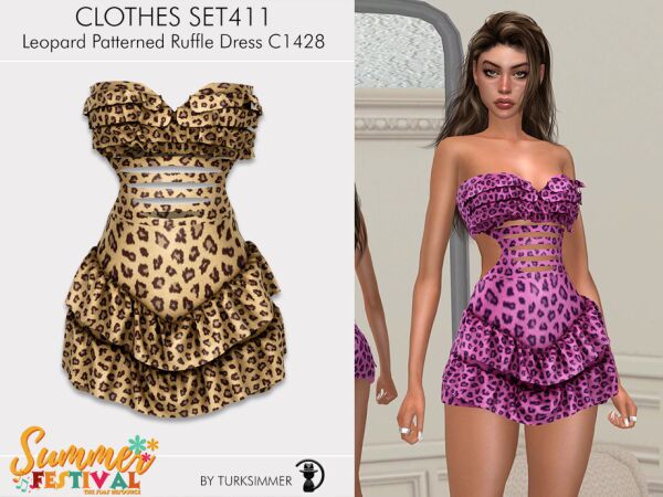 Leopard Patterned Ruffle Dress for Sims Sims 4 CC