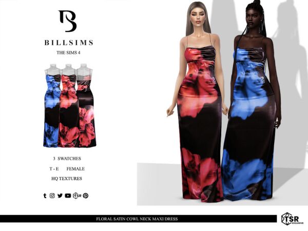 Floral Satin Cowl Neck Maxi Dress Sims 4 CC