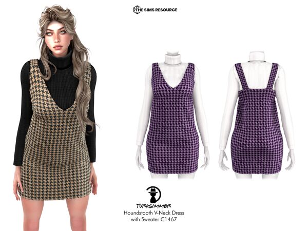 Chic Houndstooth V-Neck Dress Sims 4 CC