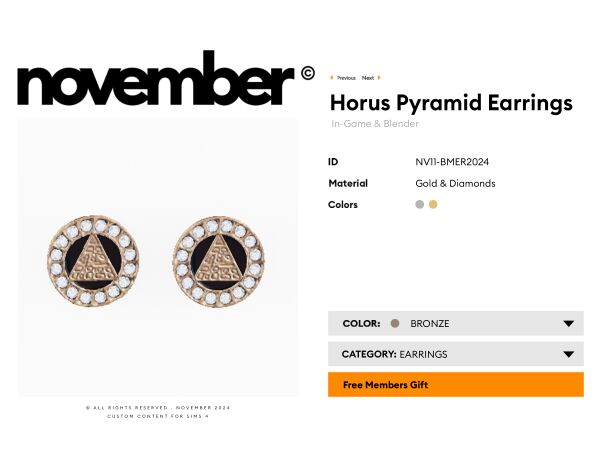 November Horus Pyramid Earrings – Gift of the Month Sims 4 CC