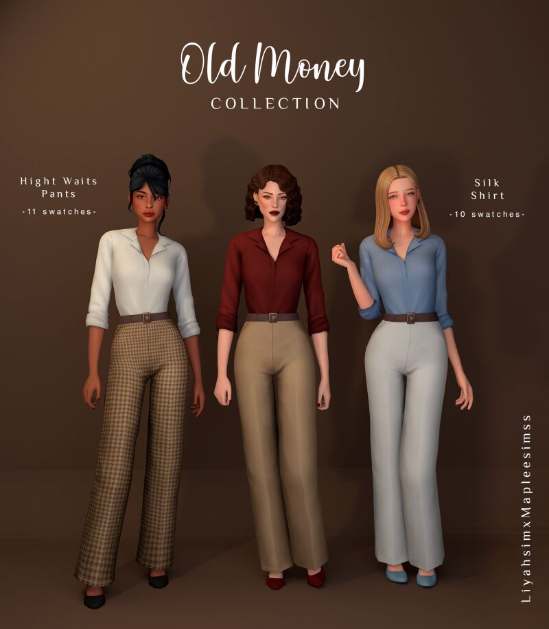 sims 4 cc old money collection silk shirt hight waist pants classic heels by liyahsim 2 1