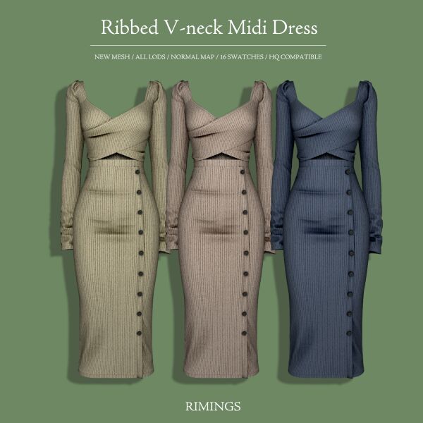 Stylish Ribbed V-Neck Midi Dress Sims 4 CC