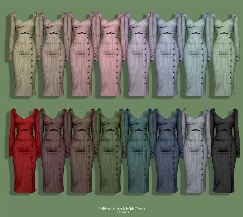 sims 4 cc rimings ribbed v neck midi dress 2