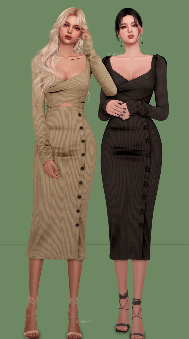 sims 4 cc rimings ribbed v neck midi dress 3