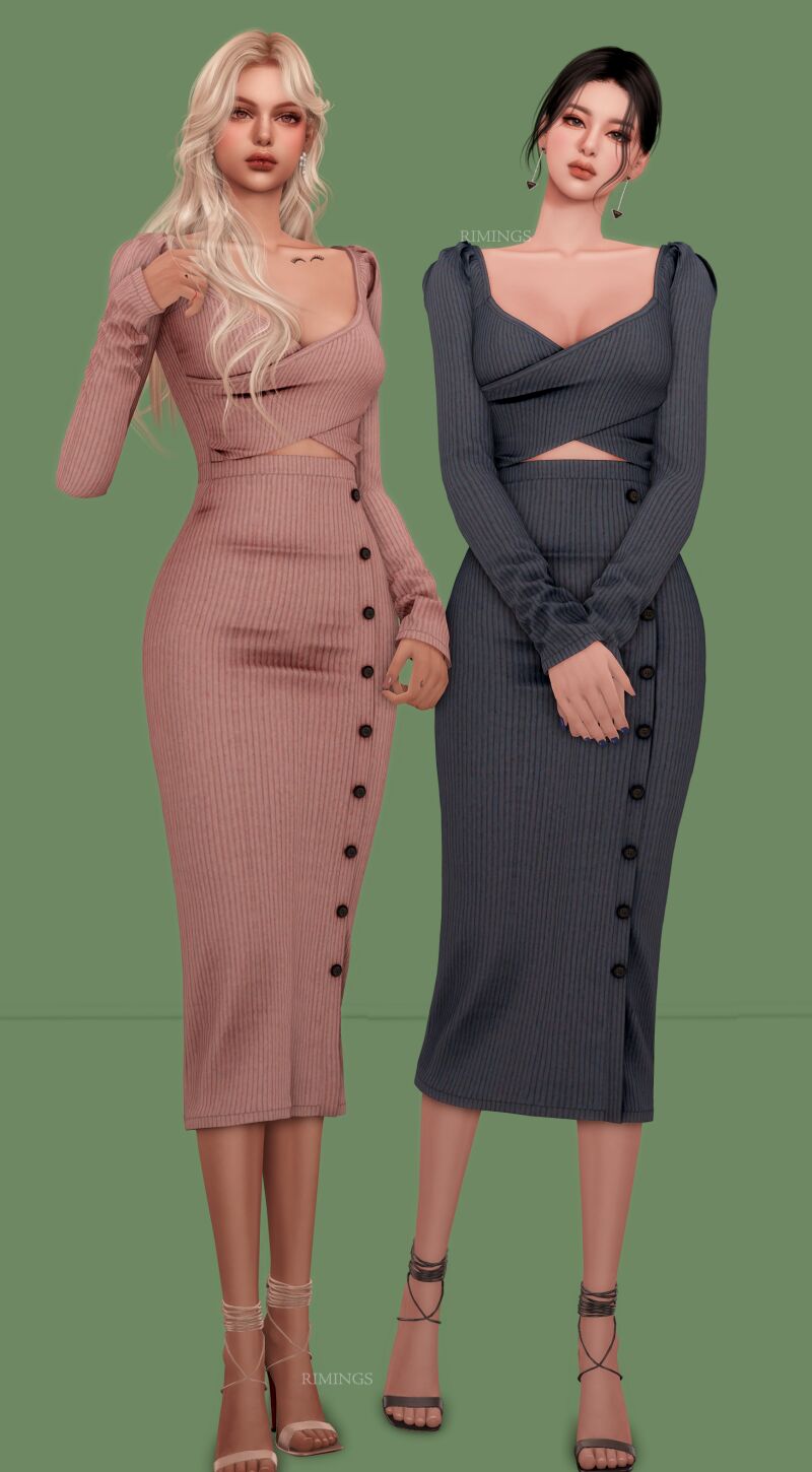 sims 4 cc rimings ribbed v neck midi dress 4