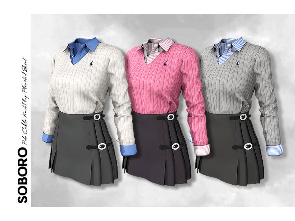 Soboro Polo Cable Knit Flap Pleasted Skirt Sims 4 CC