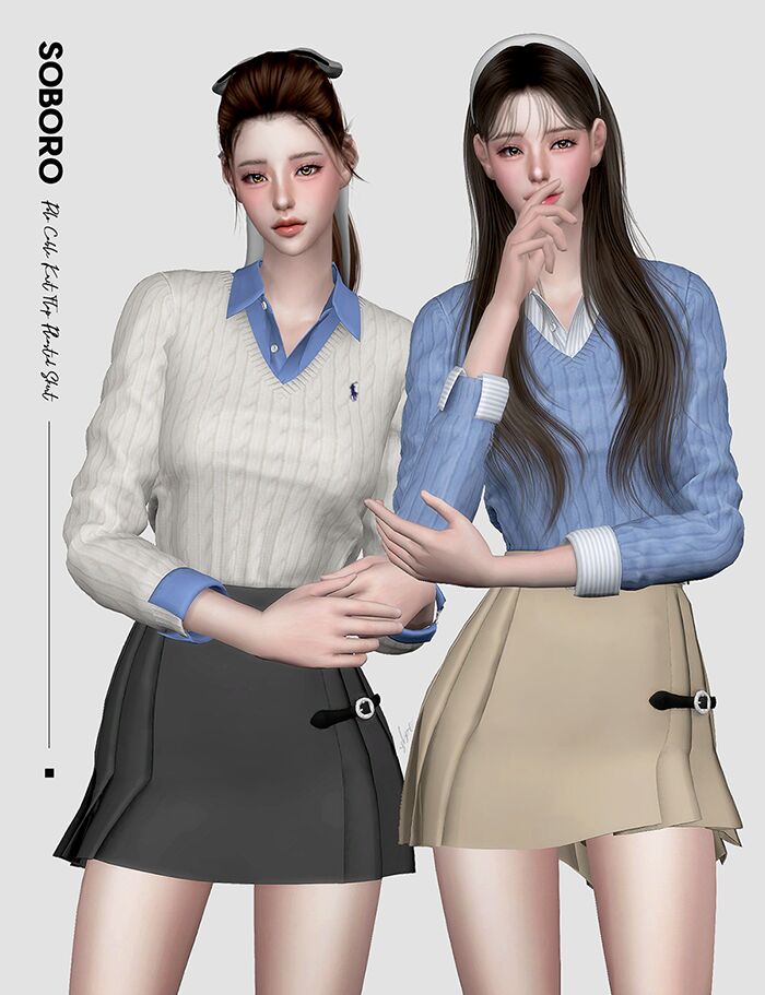 sims 4 cc soboro polo cable knit flap pleasted skirt 2