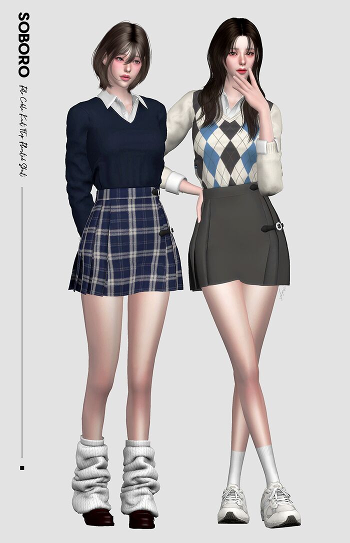 sims 4 cc soboro polo cable knit flap pleasted skirt 3