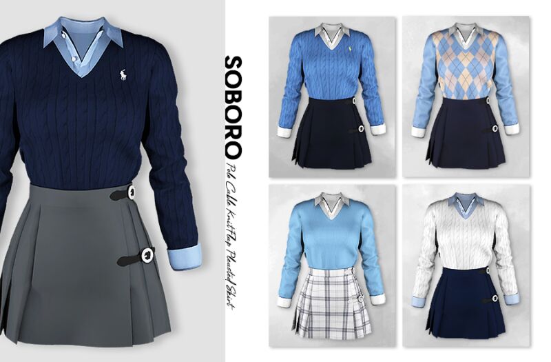 sims 4 cc soboro polo cable knit flap pleasted skirt 4