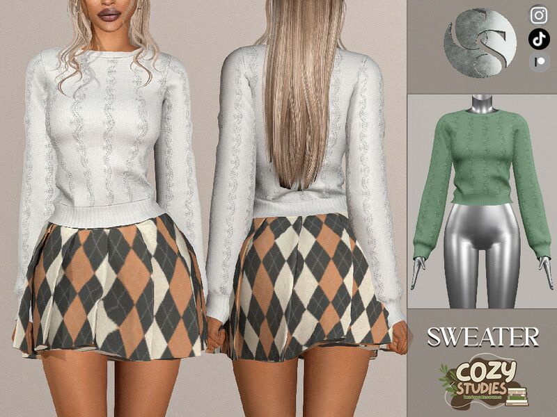 Cozy Studies SET – Stylish Sweater and Skirt Sims 4 CC