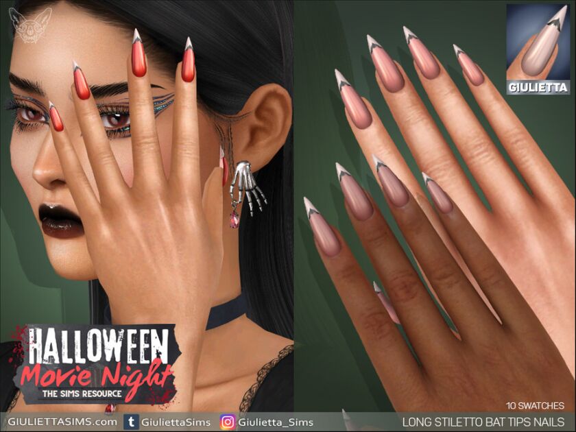 Halloween Movie Night – Long Stiletto BAT French Tips Nails Sims 4 CC