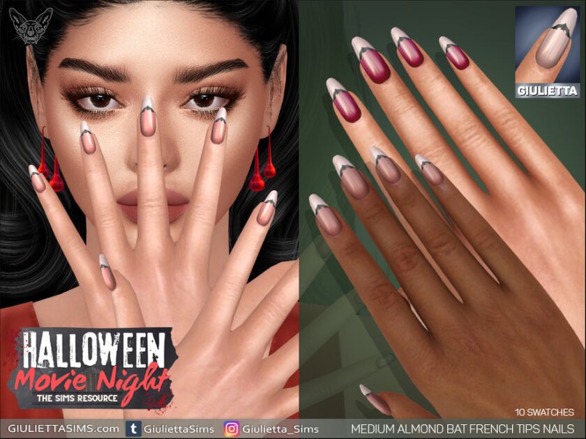 Halloween Movie Night – Medium Almond Nail BAT French Tips Sims 4 CC