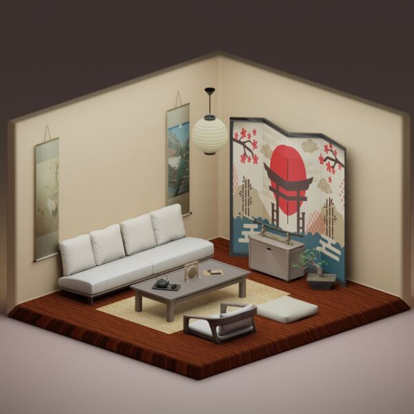 Konnichiwa Living – Japanese Inspired Living Room Sims 4 CC