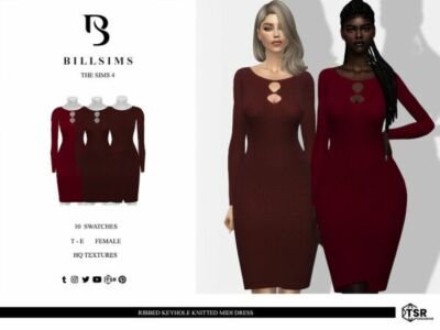 Stylish Ribbed Keyhole Midi Dress Sims 4 CC