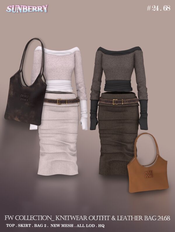 [Sunberry] FW Collection Knit Outfit & Leather Bag Sims 4 CC