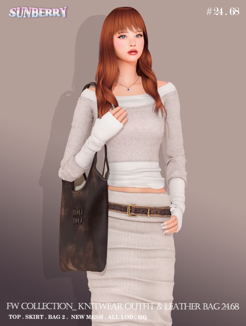 sims 4 cc sunberryfw collection knit outfit leather bag 2