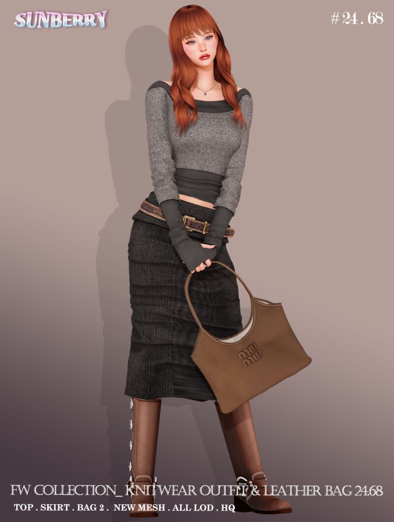 sims 4 cc sunberryfw collection knit outfit leather bag 3