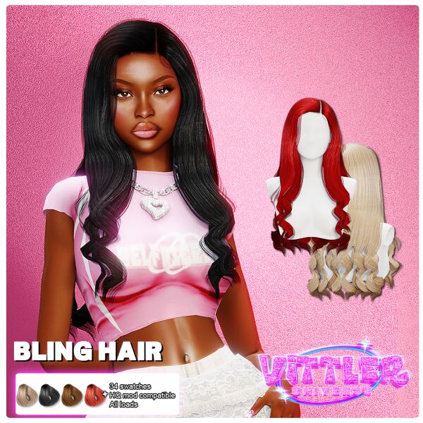 Bling Long Curls Hair Sims 4 CC