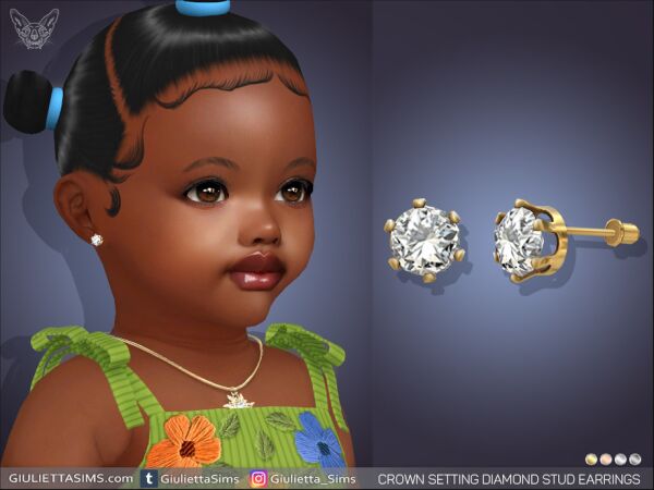 Charming Crown Setting Diamond Stud Earrings for Toddlers Sims 4 CC