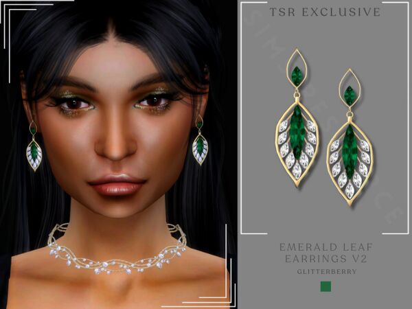 Emerald Leaf Earring V2 by Glitterberryfly Sims 4 CC