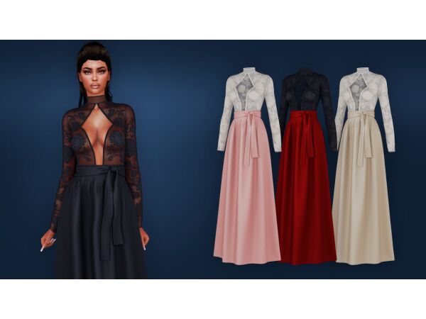 Elegant Long Silk Dress with Lace Top Sims 4 CC