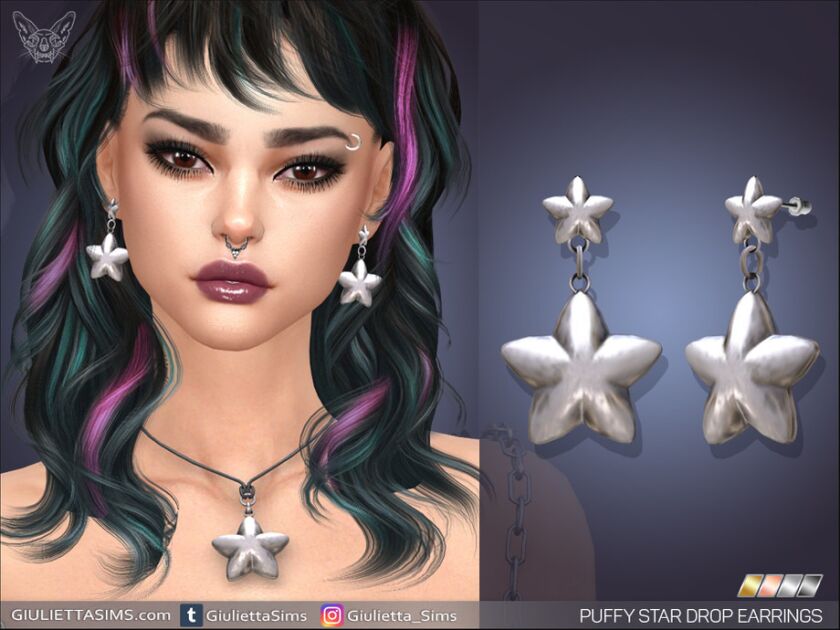 Puffed Star Earrings And Pendant Cord Choker Sims 4 CC