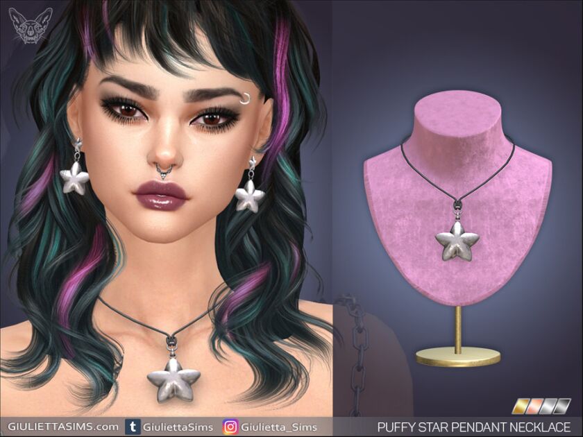 sims 4 cc puffed star earrings and pendant cord choker 2