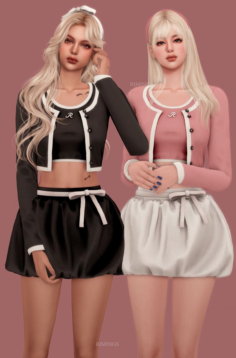 sims 4 cc rimings crop cardigan r logo top bow belted balloon skirt 3