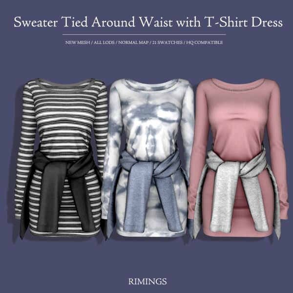 Sweater Tied Around Waist with T-Shirt Dress Sims 4 CC