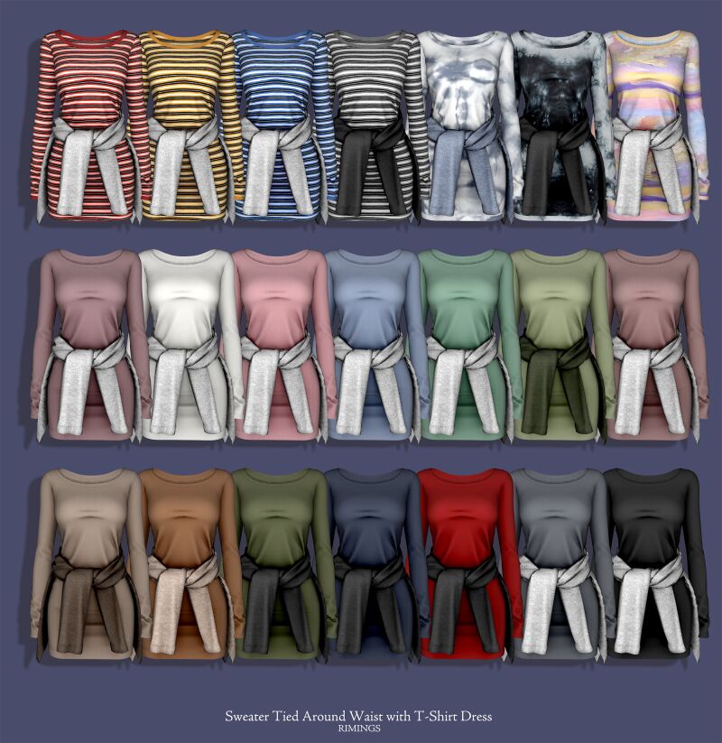 sims 4 cc rimings sweater tied around waist with t shirt dress 2