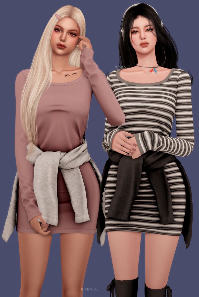 sims 4 cc rimings sweater tied around waist with t shirt dress 3