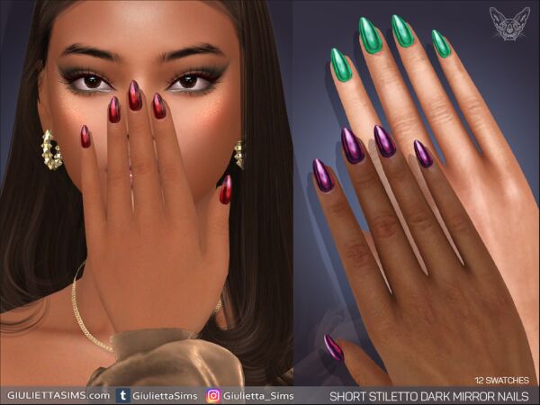 Stylish Short Stiletto Dark Mirror Nails Sims 4 CC