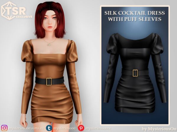 Silk Cocktail Dress with Puff Sleeves Sims 4 CC