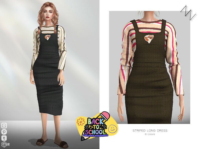 Stylish Striped Long Dress by Znsims Sims 4 CC