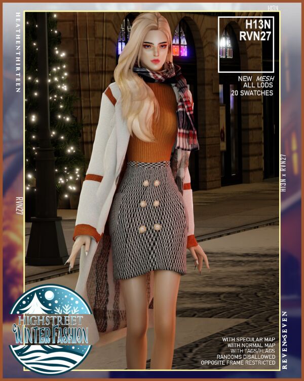 Women’s Blown Up Outerwear Winter Overcoat With Scarf Sims 4 CC