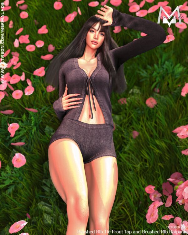 Trendy Brushed RIB TIE Front Top and Hotpants Sims 4 CC