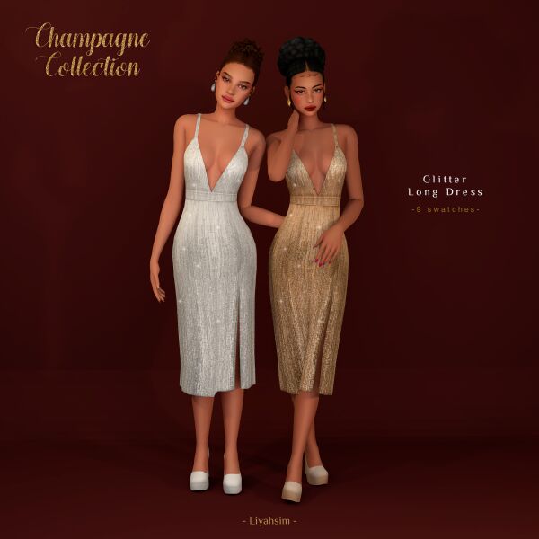 Champagne Collection – Glitter Long Dress Sims 4 CC