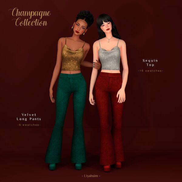 Stunning Champagne Collection: Sequin Top & Velvet Pants Sims 4 CC