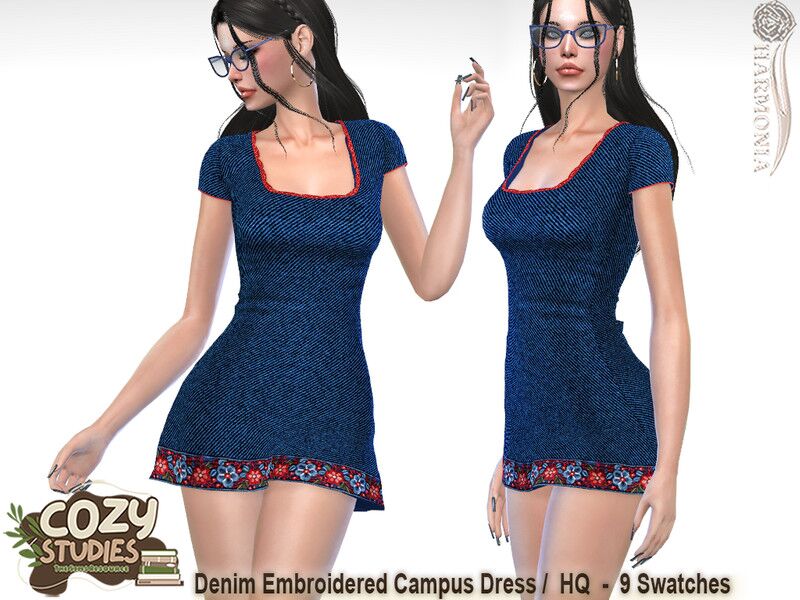 Cozy Studies – Denim Embroidered Campus Dress Sims 4 CC