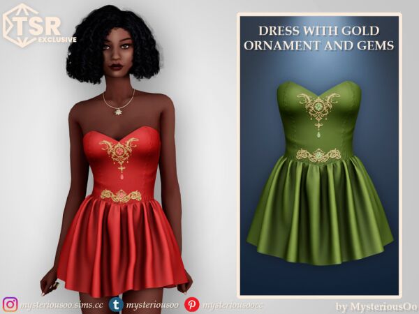 Stunning Dress with Gold Ornament and Gems Sims 4 CC