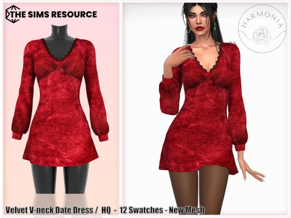 Elegant Velvet V-Neck Date Dress Sims 4 CC